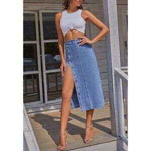 Light‎ Wash Blue Denim Button Up High Waist Leg Split Midi Pencil Jean Skirt